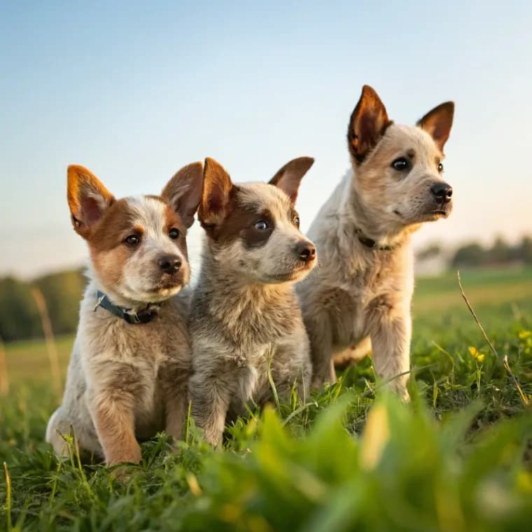 Three Australian Stumpy Tail Cattle Dog puppies outside on the grass