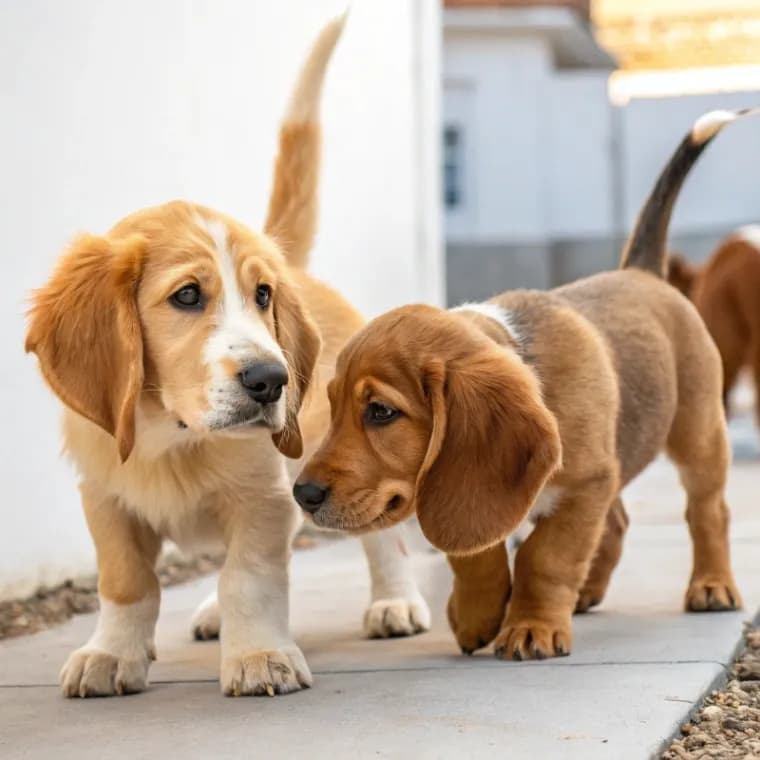 Two Basset Retriever puppies outside on the sidewalk