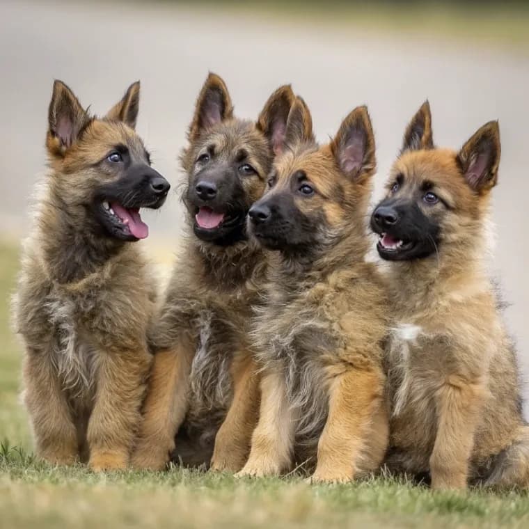 Four Belgian Laekenois puppies sitting on the grass