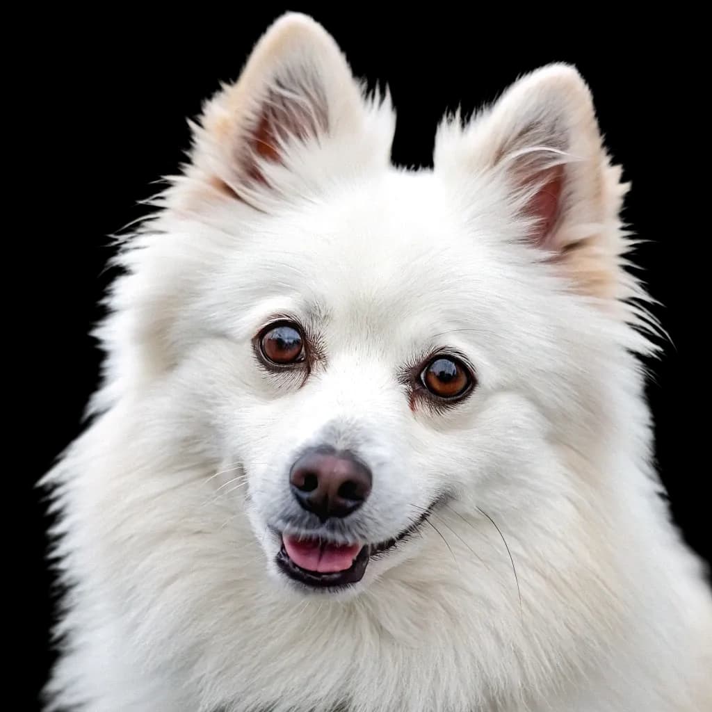 A headshot photo of a Miniature American Eskimo dog