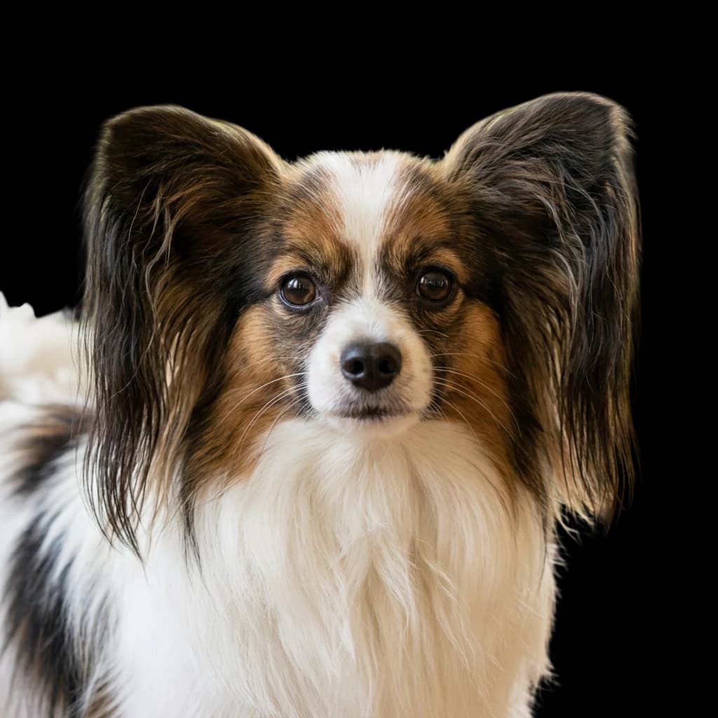A headshot photo of a Phalenes dog