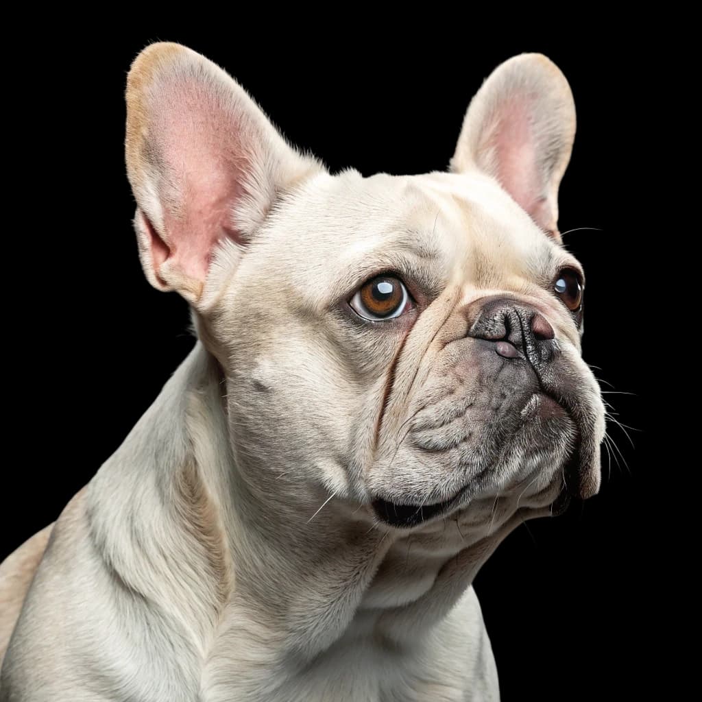 A headshot photo of a platinum french bulldog