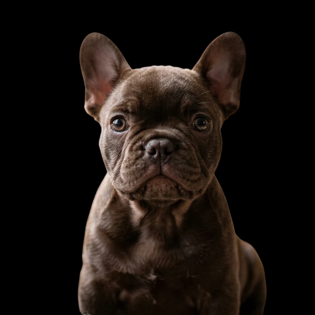 A headshot photo of a brown Chocolate French Bulldog