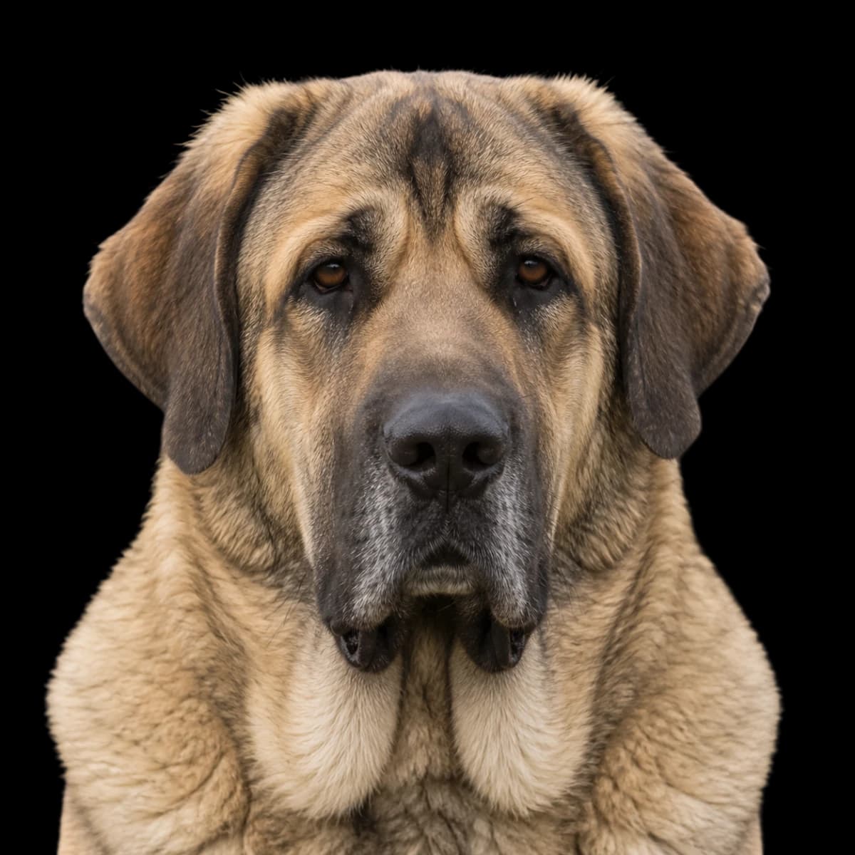A headshot photo of a Spanish Mastiff