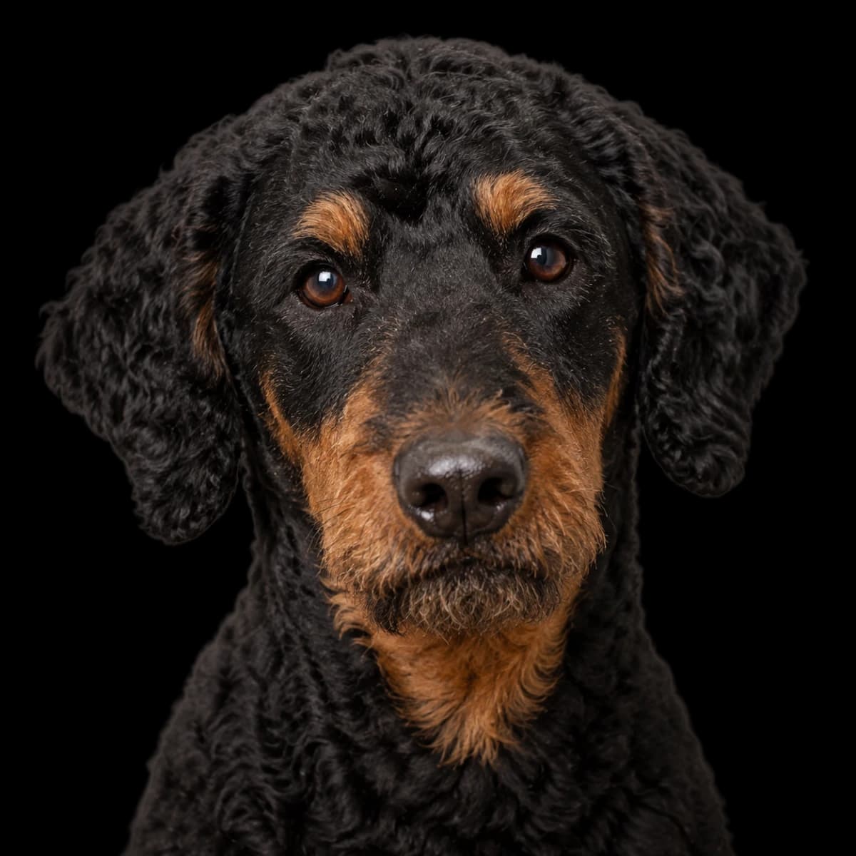A headshot photo of a Rottle, a cross between the Rottweiler and the Standard Poodle