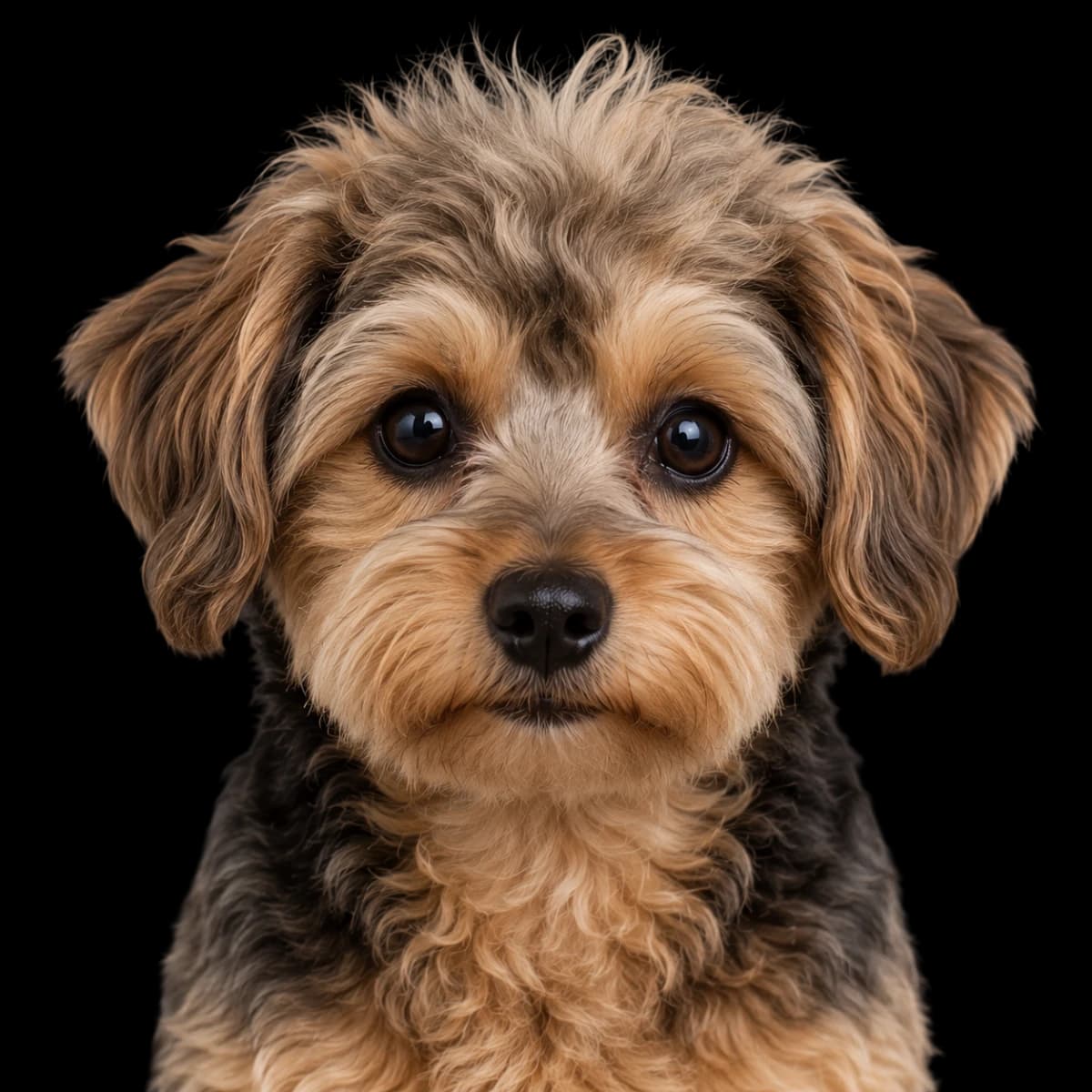 A headshot photo of a Yorkiepoo, a cross between Yorkshire Terriers and a toy poodle