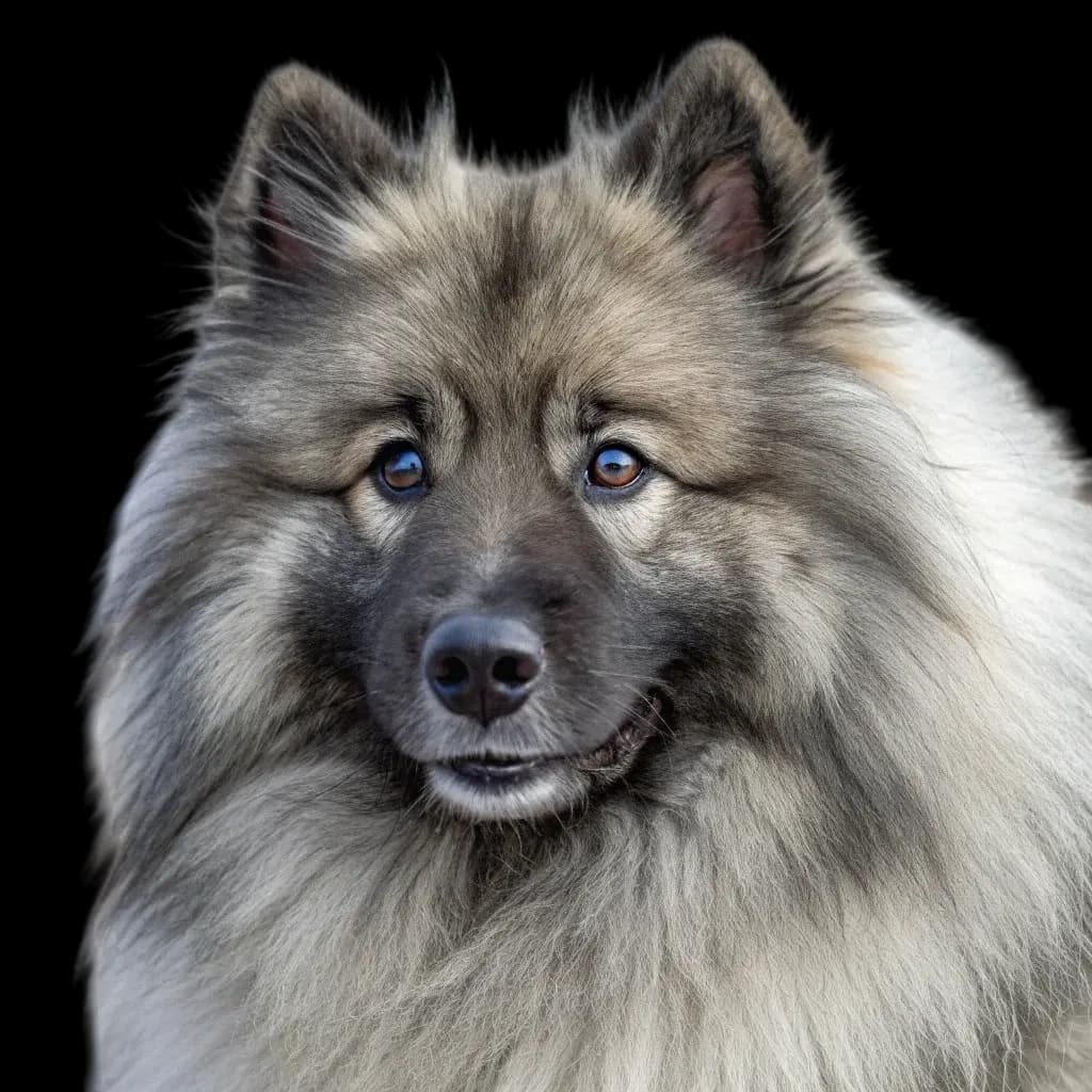 A headshot photo of a Keeshond dog with fluffy grey fur