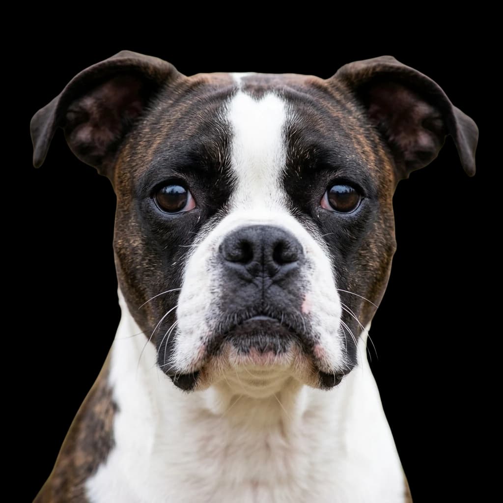 A headshot photo of an adorable Boston Boxer