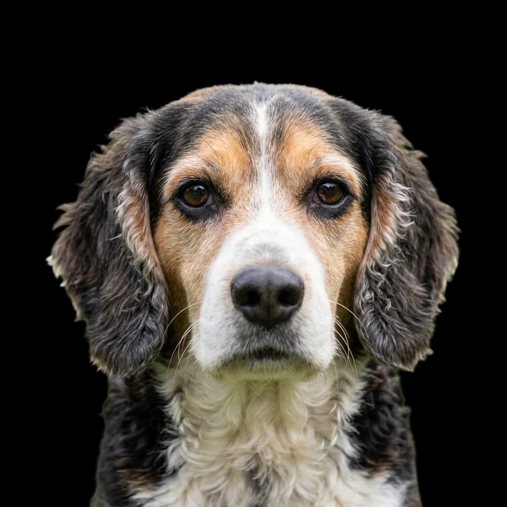 A headshot photo of a Poogle mixed dog, a cross between a Beagle and a Poodle.