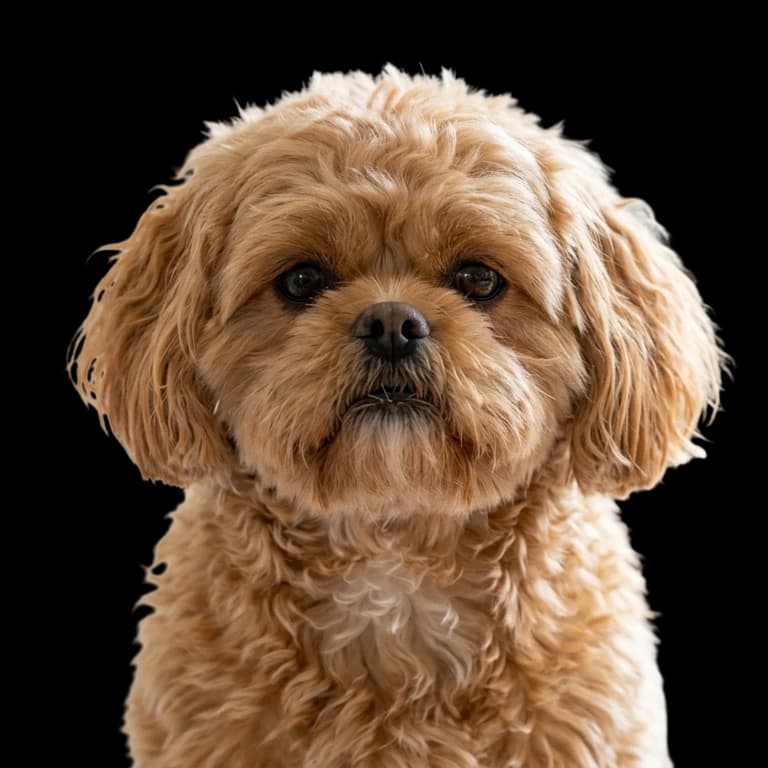 A headshot image of a Peekapoo dog, which is a cross between a Pekingese and a Poodle.