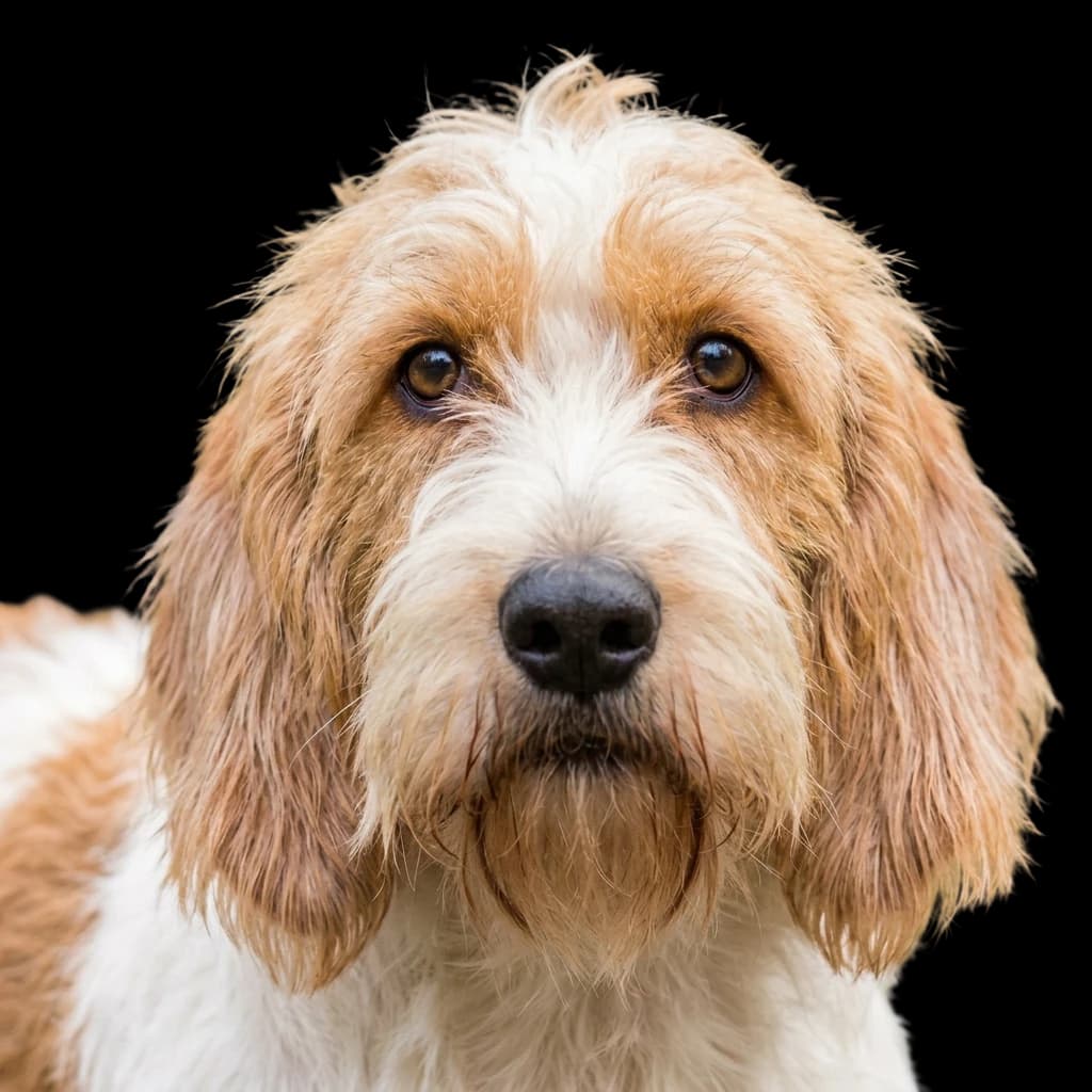 A headshot photo of a Petit Basset Griffon Vendéen dog