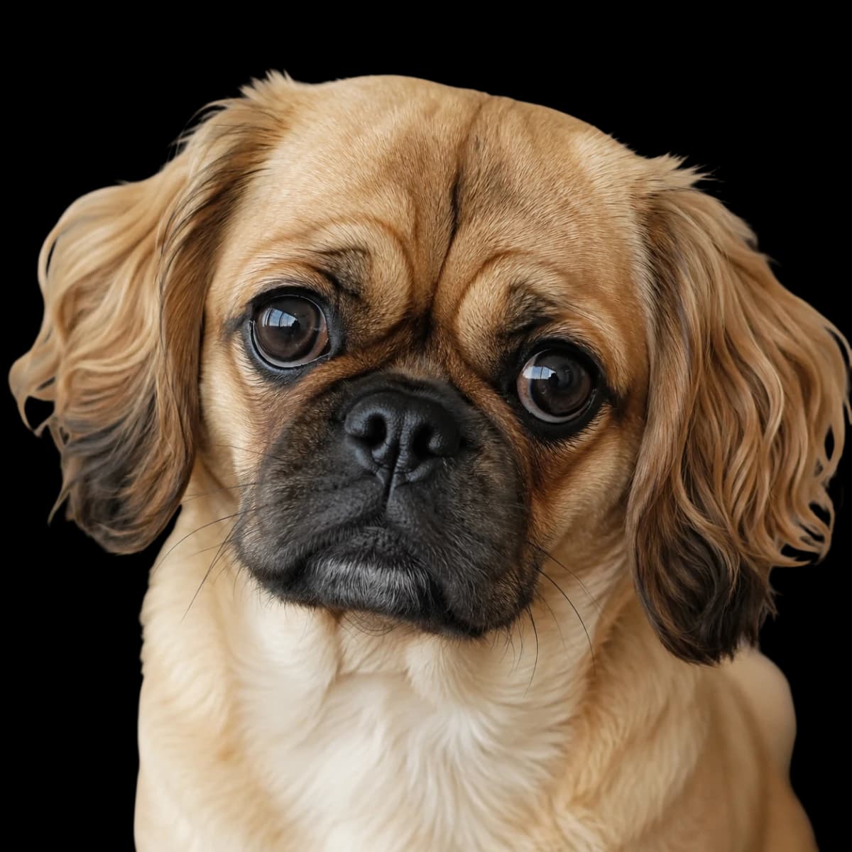 A headshot of a Pugalier dog, a designer dog cross between a Pug and a Cavalier King Charles Spaniel