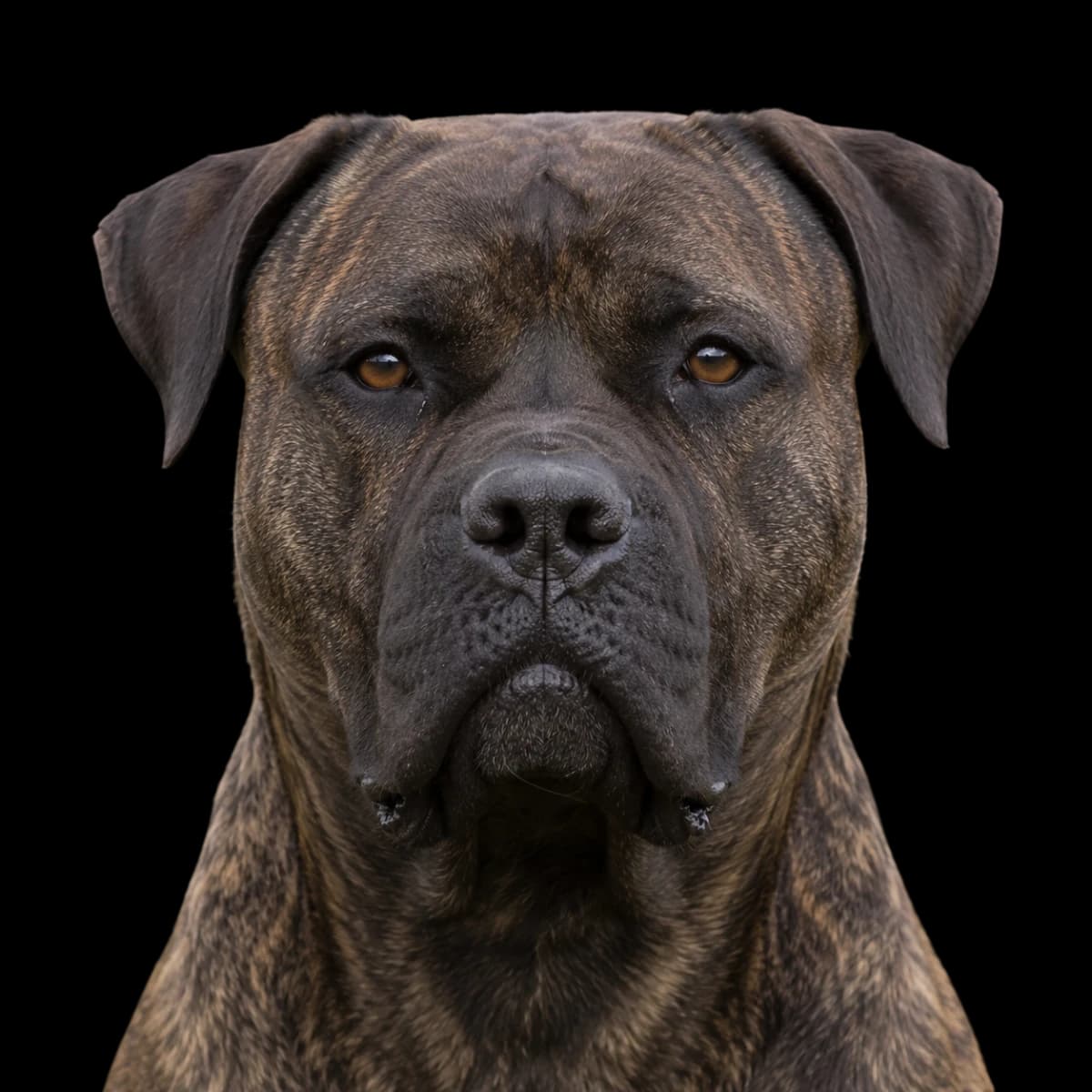 A headshot photo of a Staffy Bull Bullmastiff
