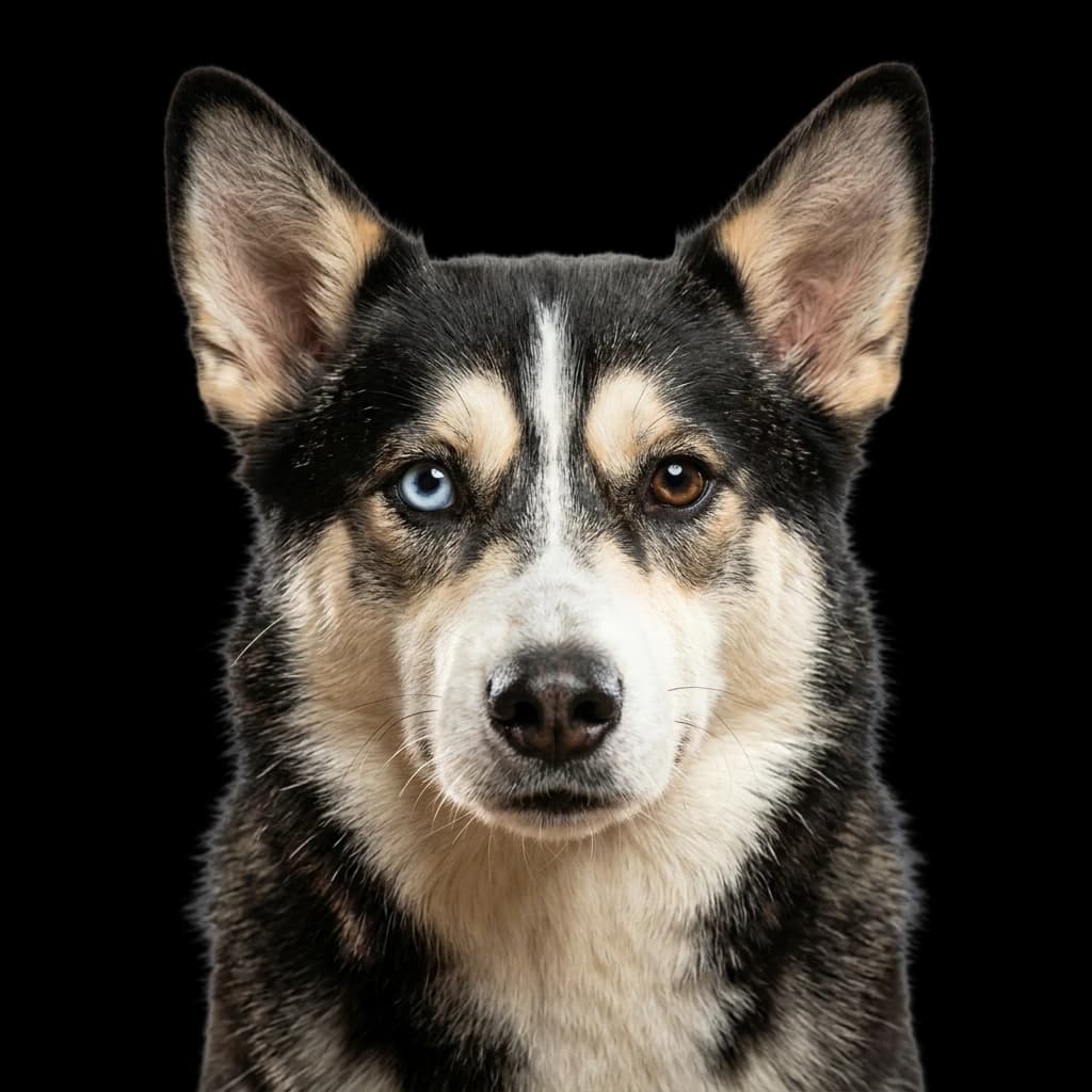 A headshot of a Horgi (or Siborgi), a designer hybrid dog breed created by mixing a Siberian Husky and a Pembroke Welsh Corgi