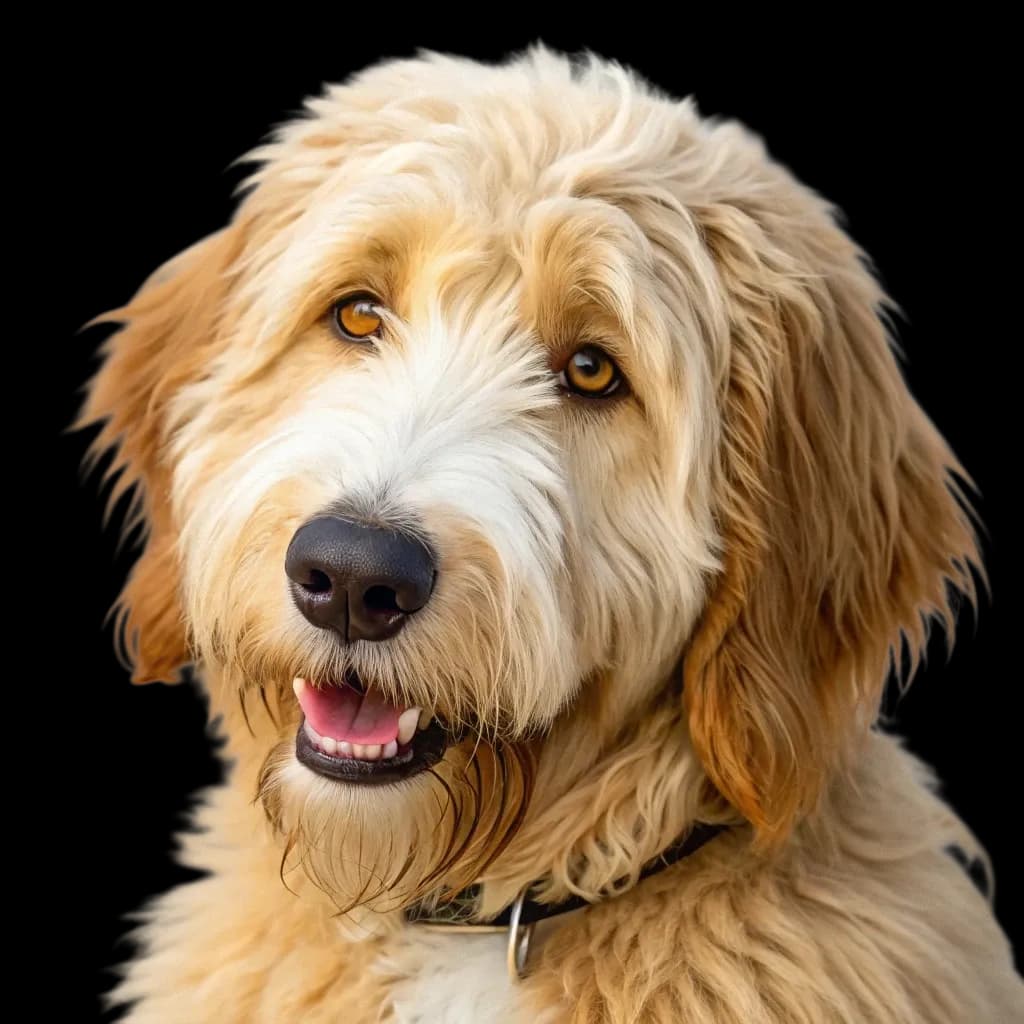 A headshot photo of a Golden Mountain Dog (Golden Mountain Doodle)