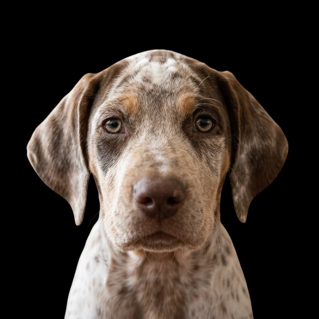 A headshot photo of a Braque du Bourbonnais dog