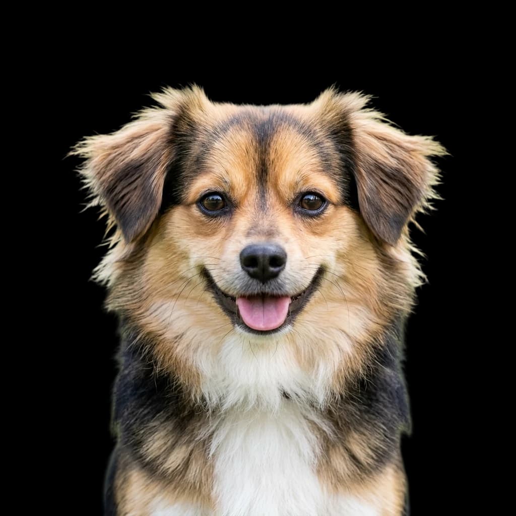 A headshot photo of a Pomeagle mixed dog, a cross between a Pomeranian and a Beagle.