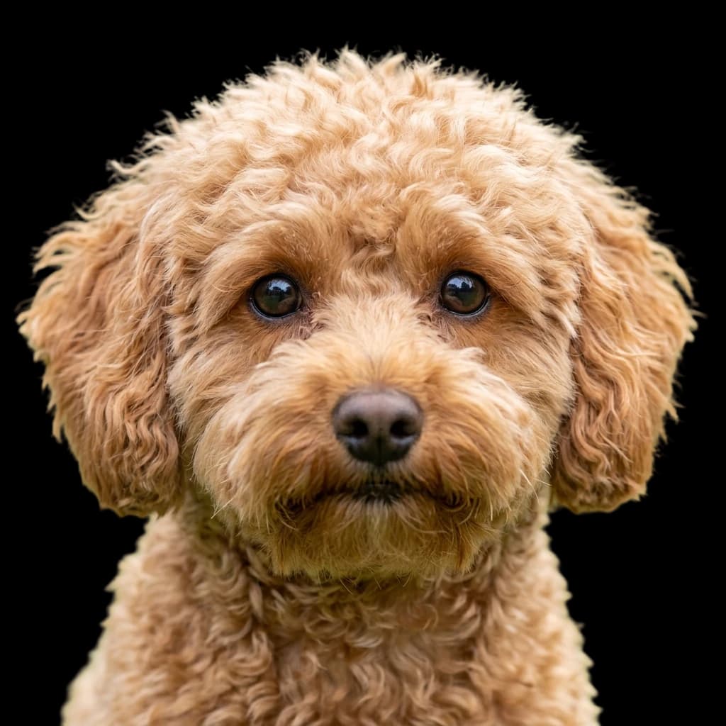 a headshot photo of a Poochon mixed dog, a cross between a Bichon Frise and a Poodle.