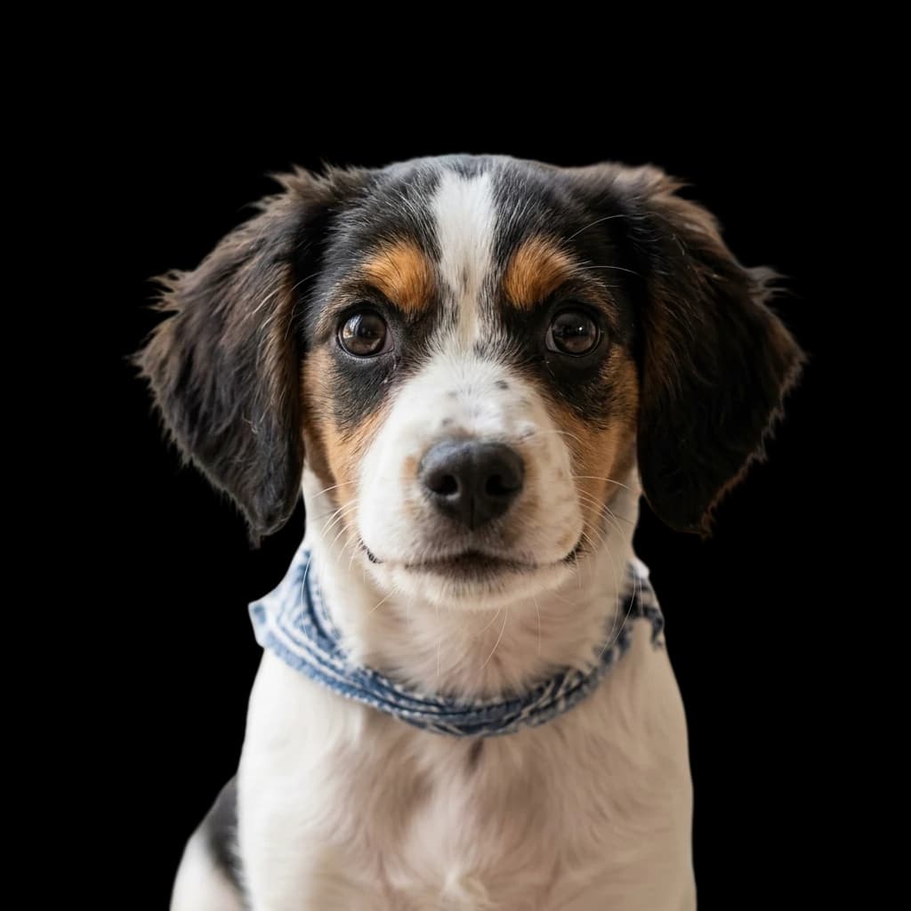 A headshot photo of a Cav-a-Jack (mix between a Cavalier King Charles Spaniel and a Jack Russell Terrier)