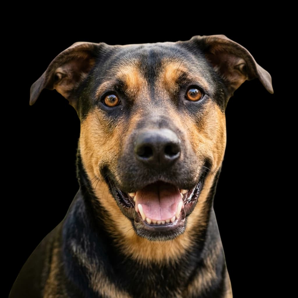 A headshot photo of a German Shepherd Pit Bull