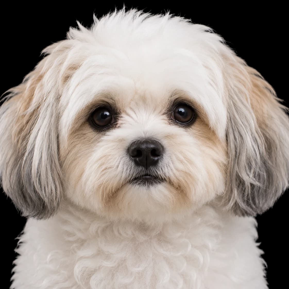 A headshot photo of a Shichon, a cross between a shih tzu and bichon frise