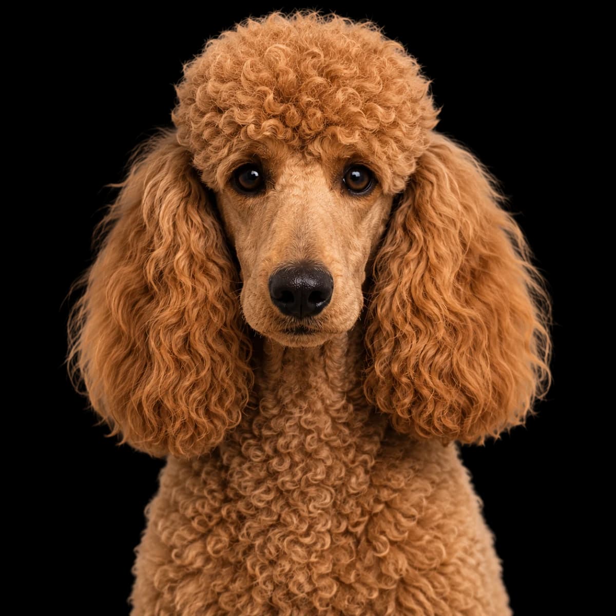 A headshot photo of a standard poodle