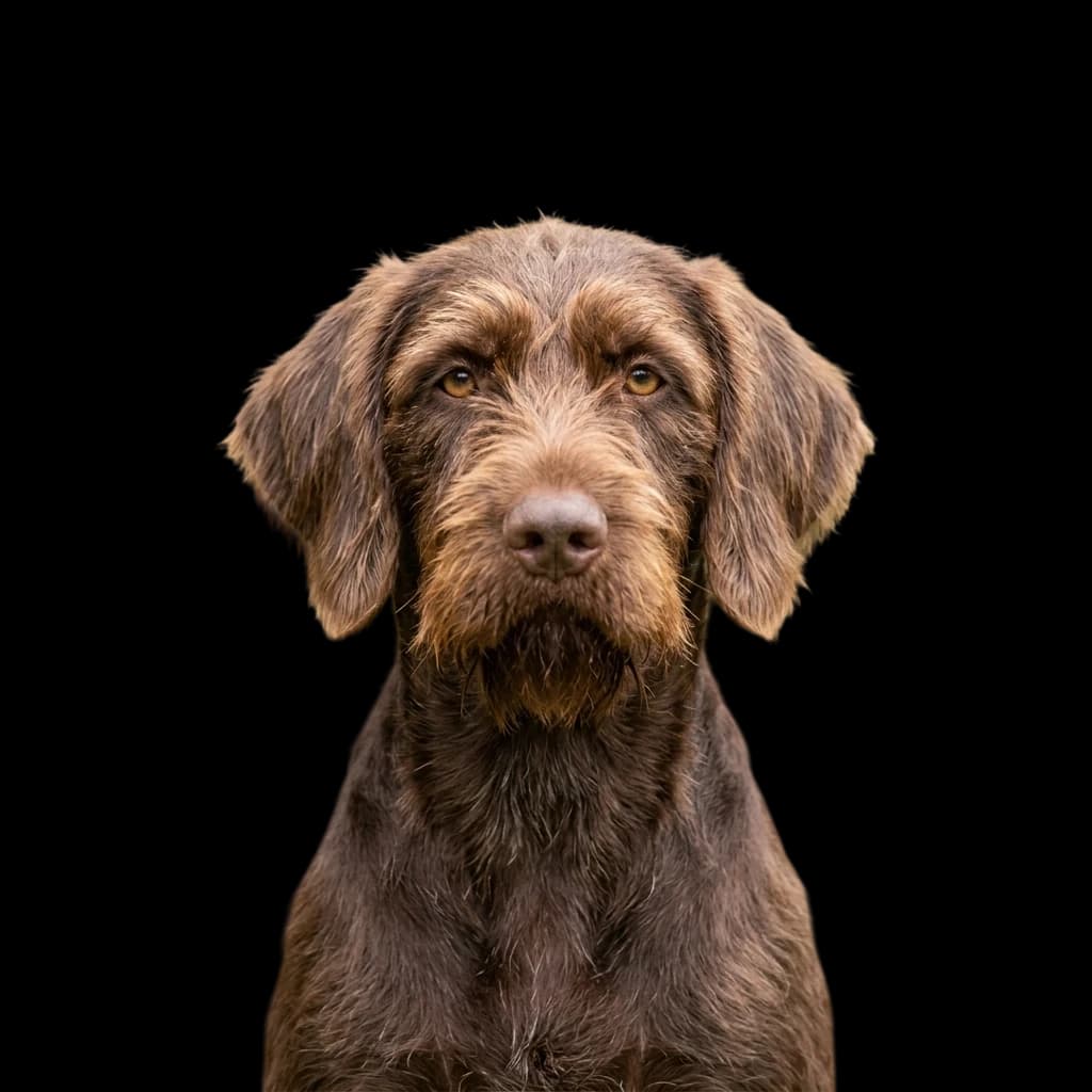 A headshot photo of a Pudelpointer dog