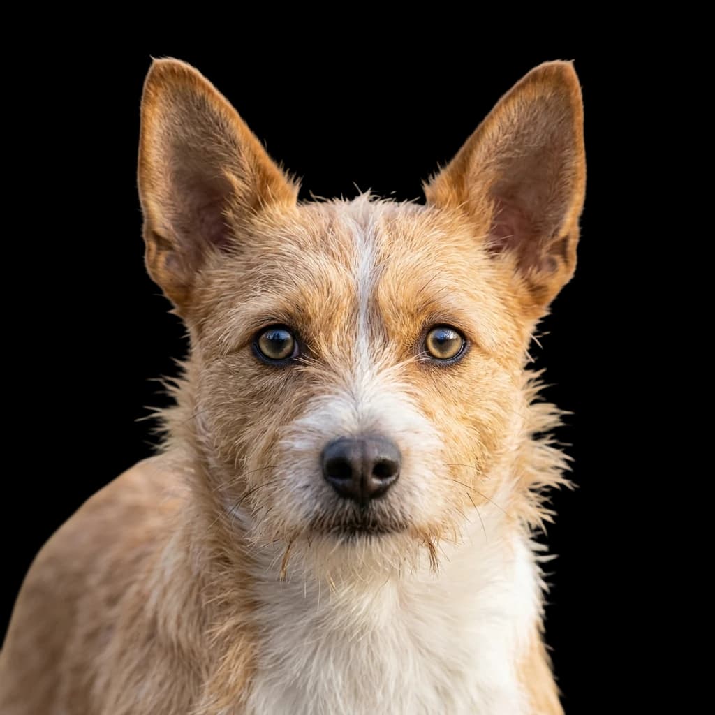 A headshot photo of a Portuguese Podengo Pequeno dog