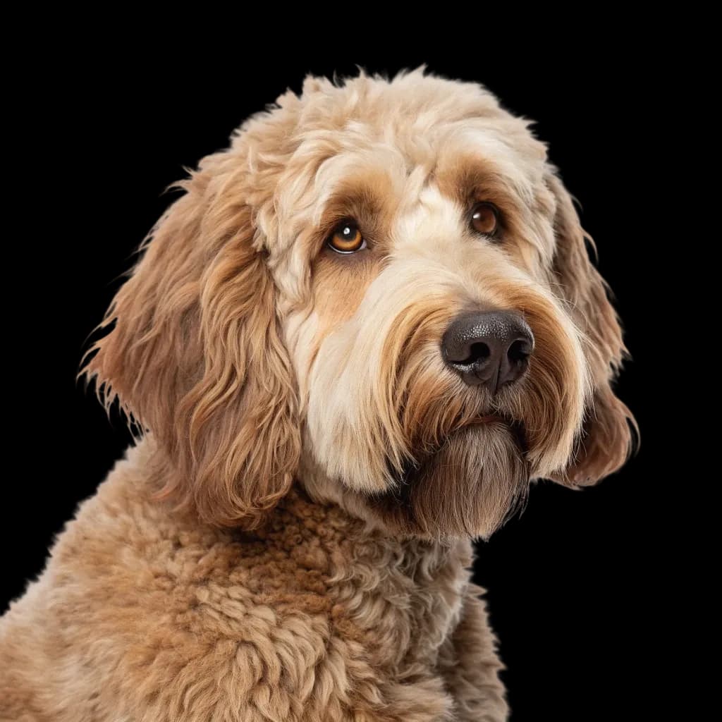 A headshot photo of a Newfiedoodle cross between a Newfoundland and a Poodle