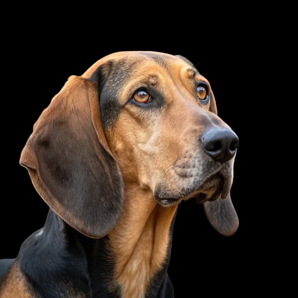 A headshot photo of a Coonhound dog