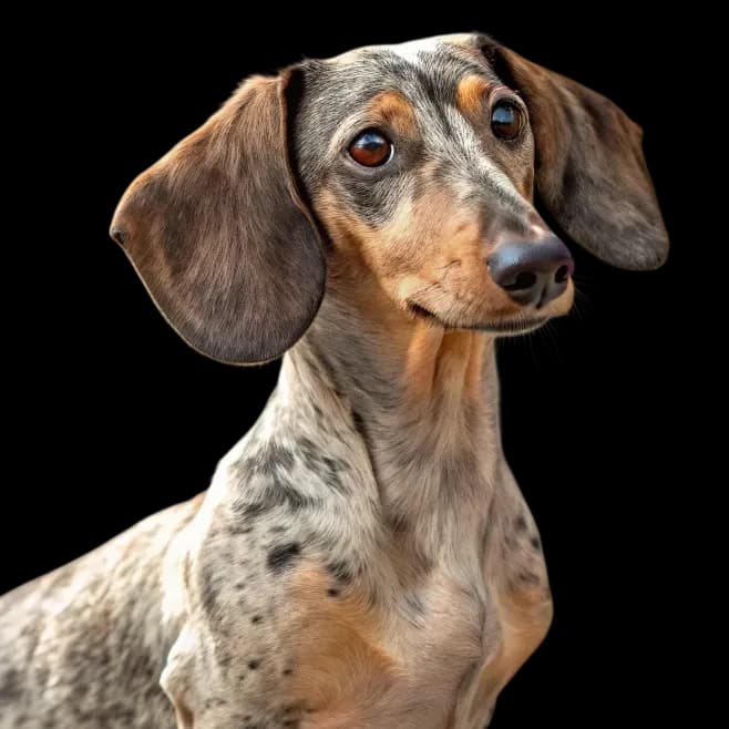 A headshot photo of a Dapple Dachshund with markings