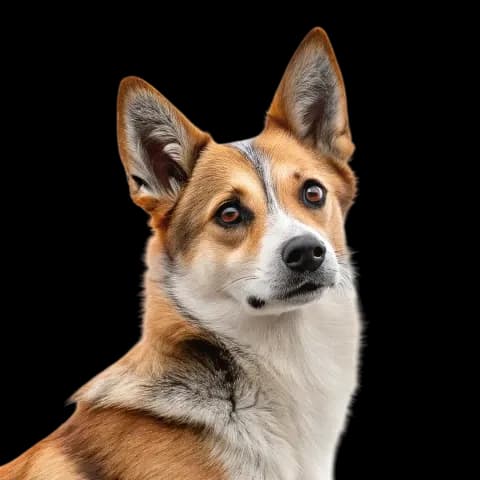A headshot photo of a Norwegian Lundehund