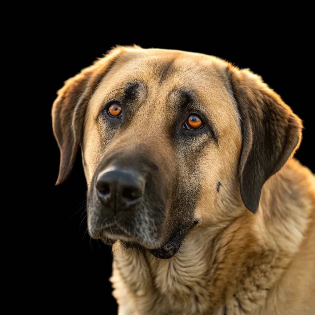 A headshot of a Kangal Shepherd dog, also known as a Turkish Kangal