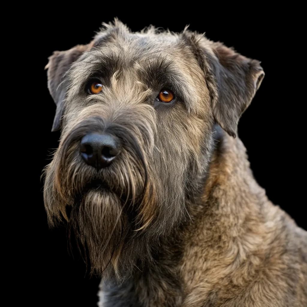 A headshot photo of a Bouvier des Flandres dog