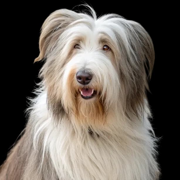A headshot photo of a Bearded Collie dog with grey and white shaggy fur