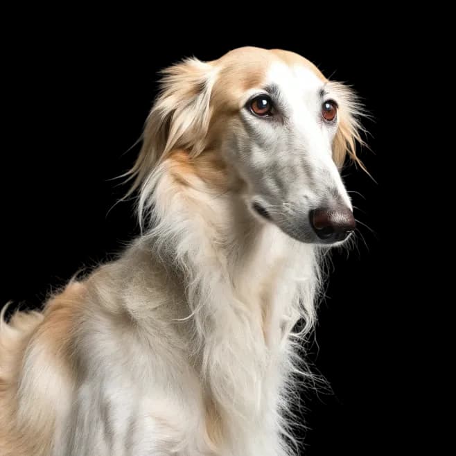 A headshot of a light coloured Borzoi