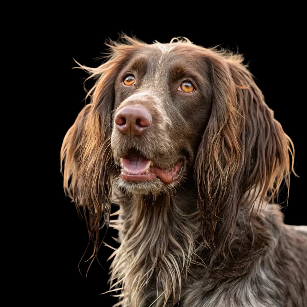 A headshot photo of a German Longhaired Pointer