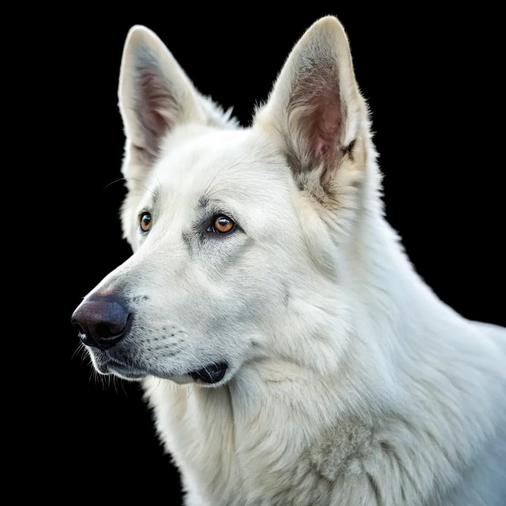 A headshot photo of a White German Shepherd