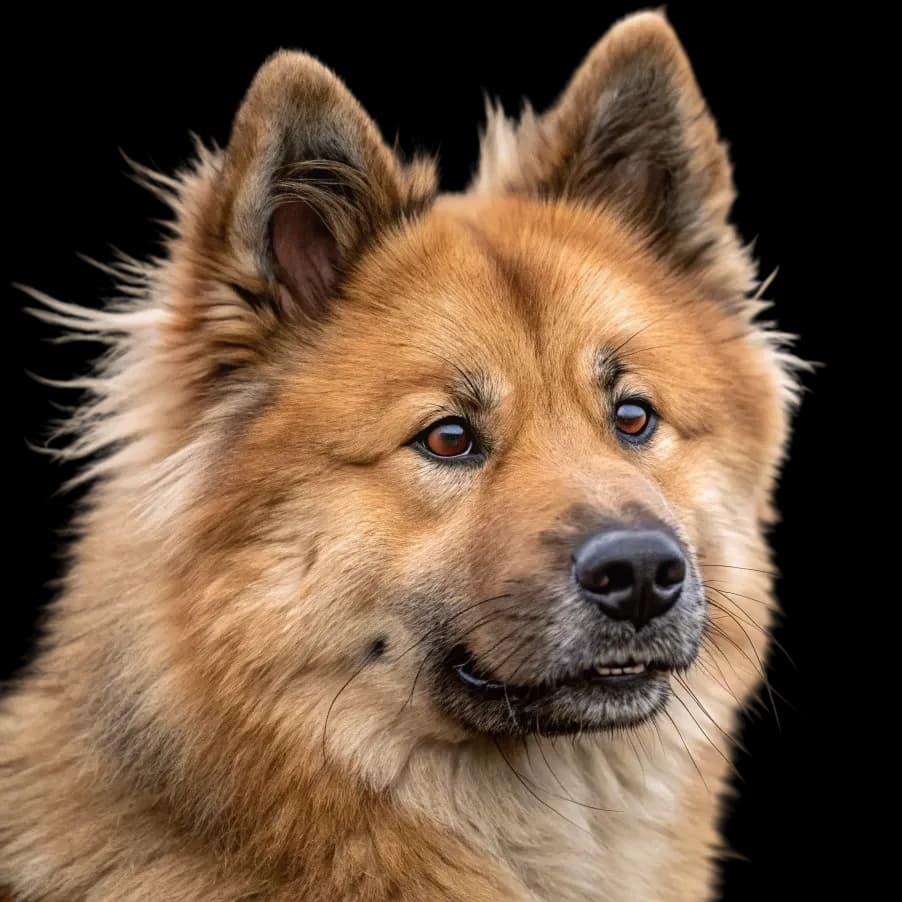 A headshot of a Eurasier dog breed