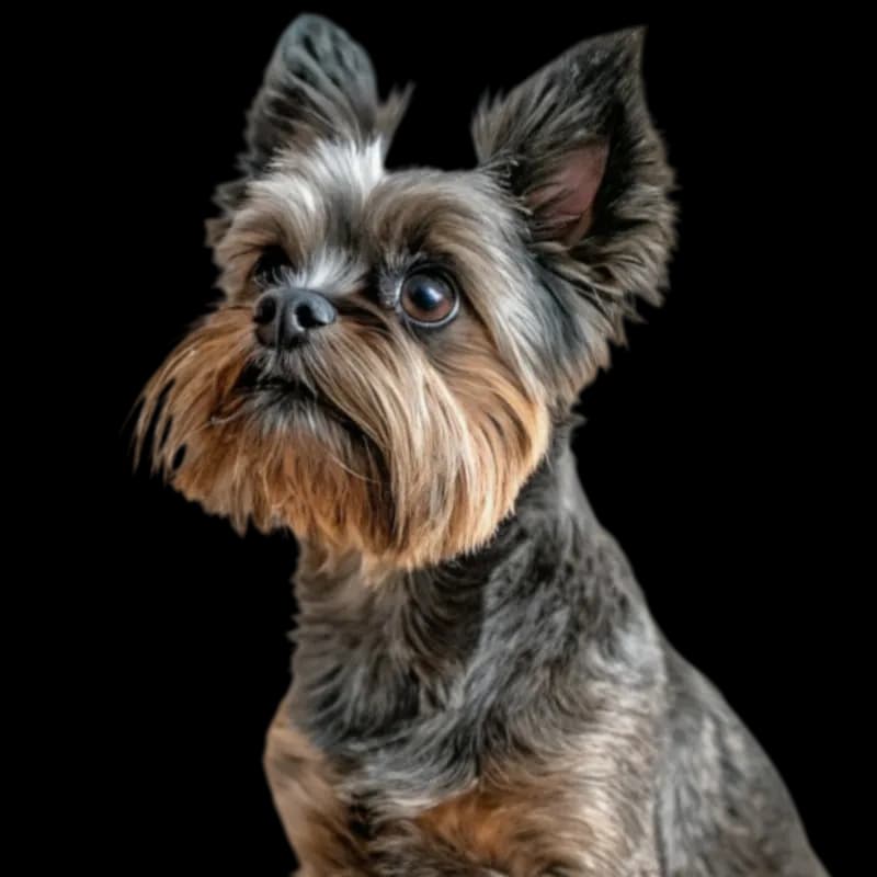 A headshot photo of an Affenpinscher dog with black and brown fur