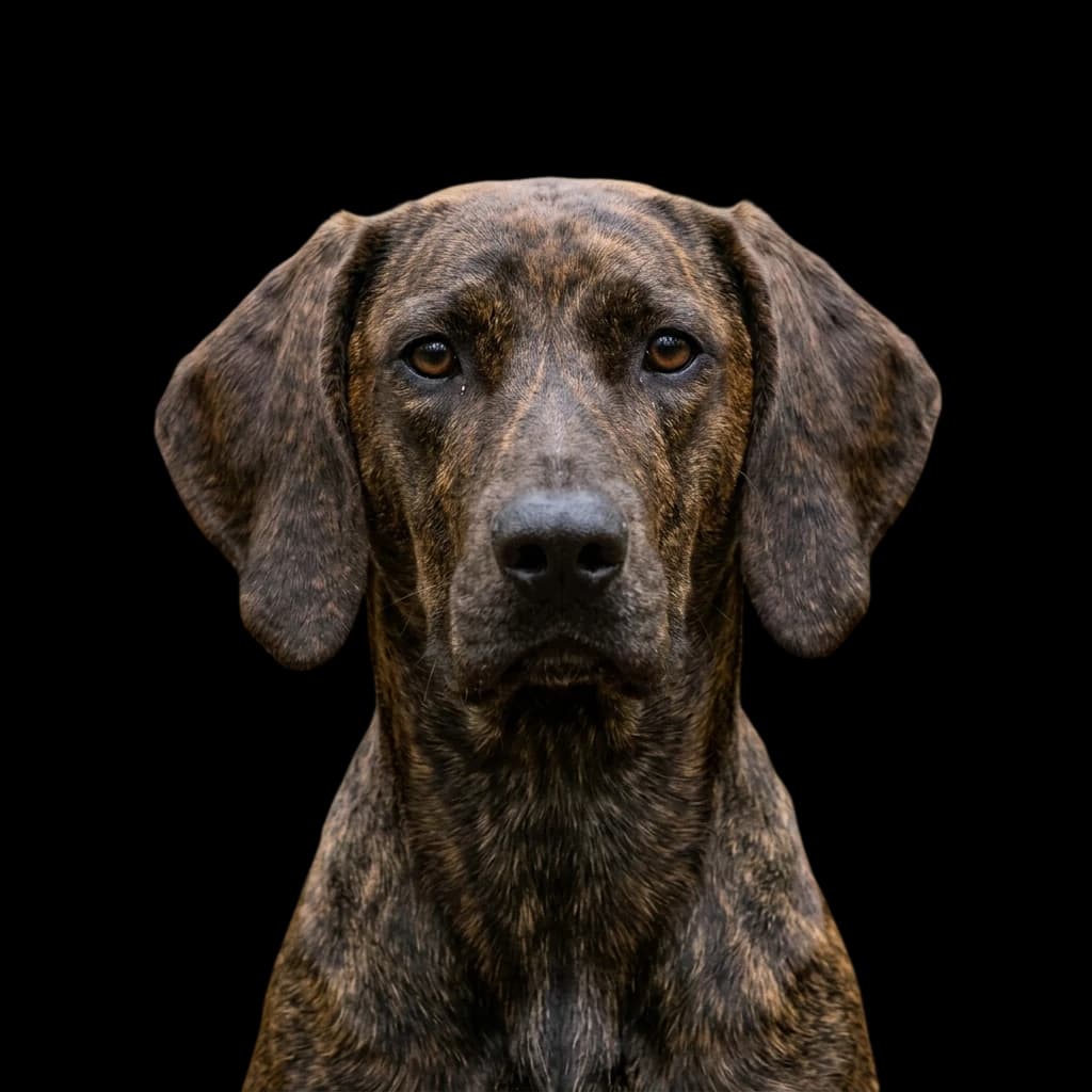 A headshot photo of a Plott Hound dog