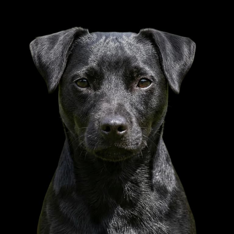A headshot photo of a Patterdale Terrier