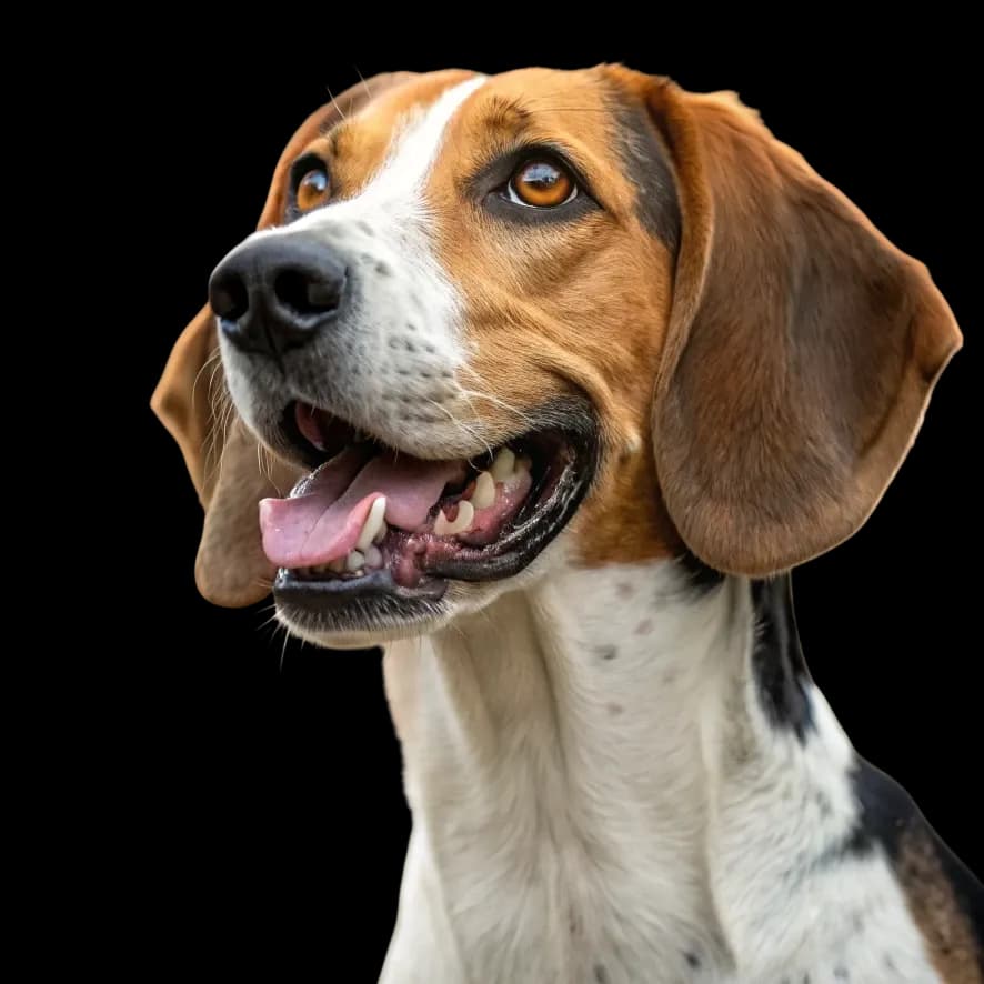 A headshot photo of a Treeing Walker Coonhound