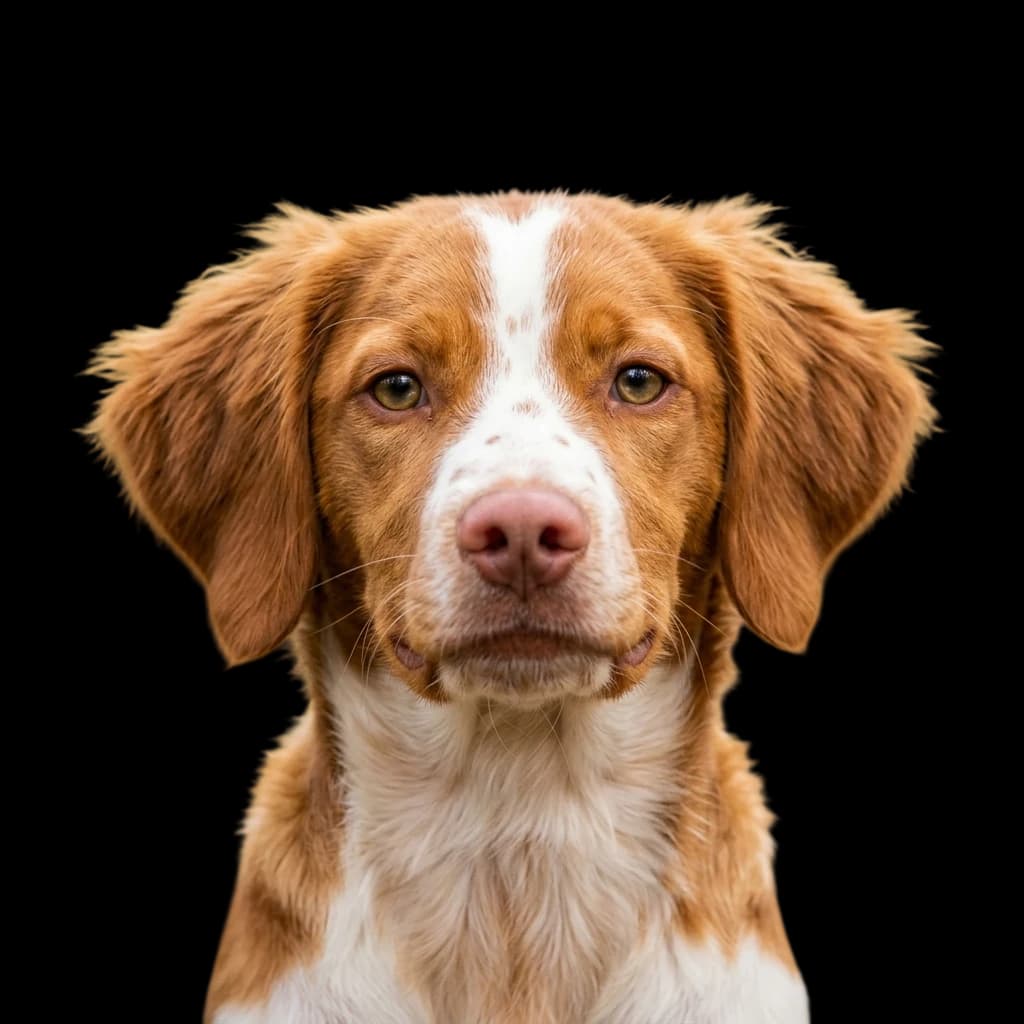 A headshot photo of an adorable Brittany dog