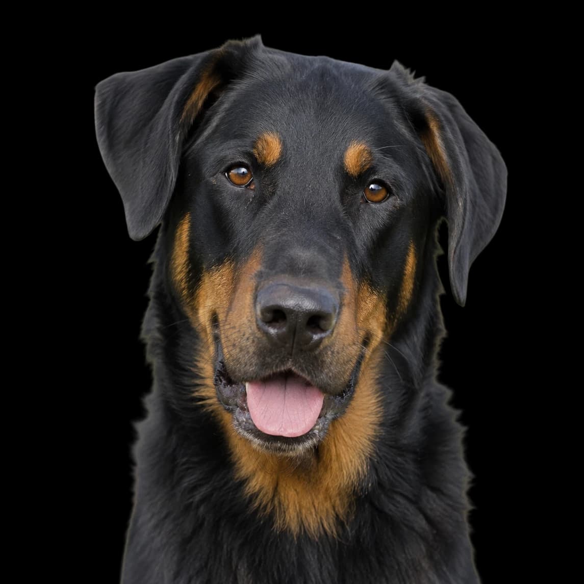 A headshot of a Beauceron dog