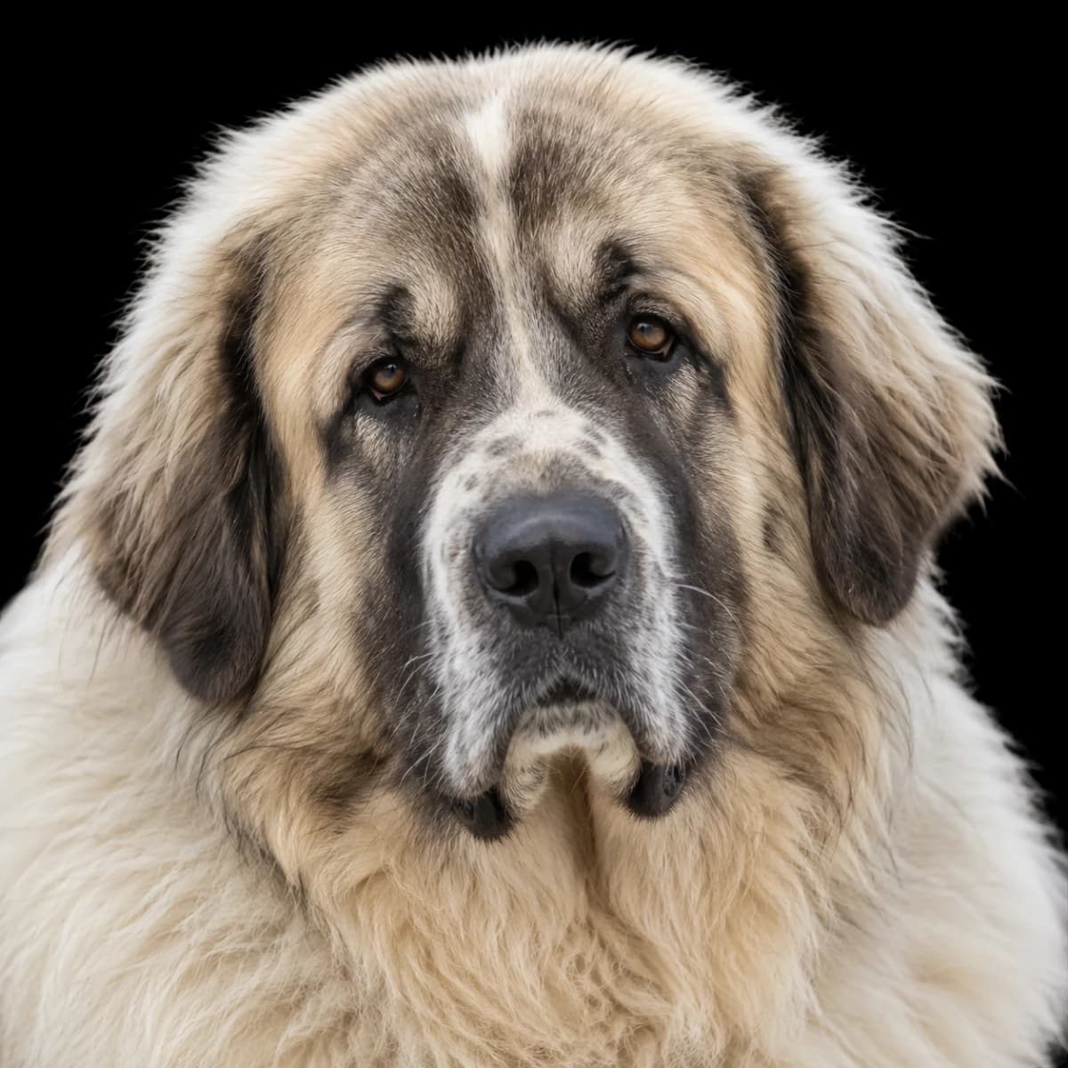 A headshot photo of a Pyrenean Mastiff dog