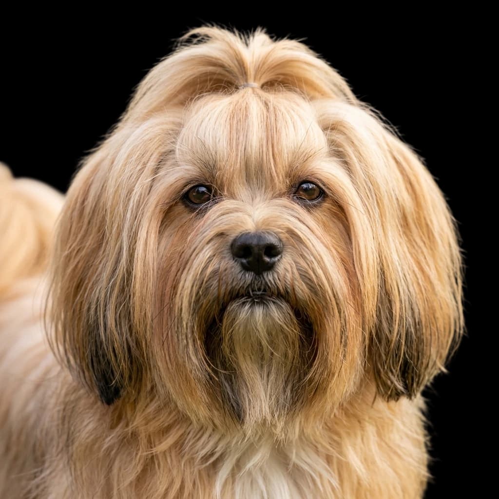 A headshot of a Lhasa Apso dog