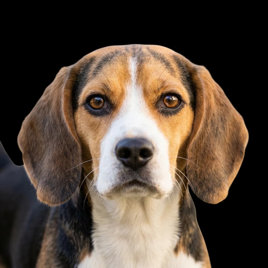A headshot photo, in square proportion, of a Pocket Beagle dog.
