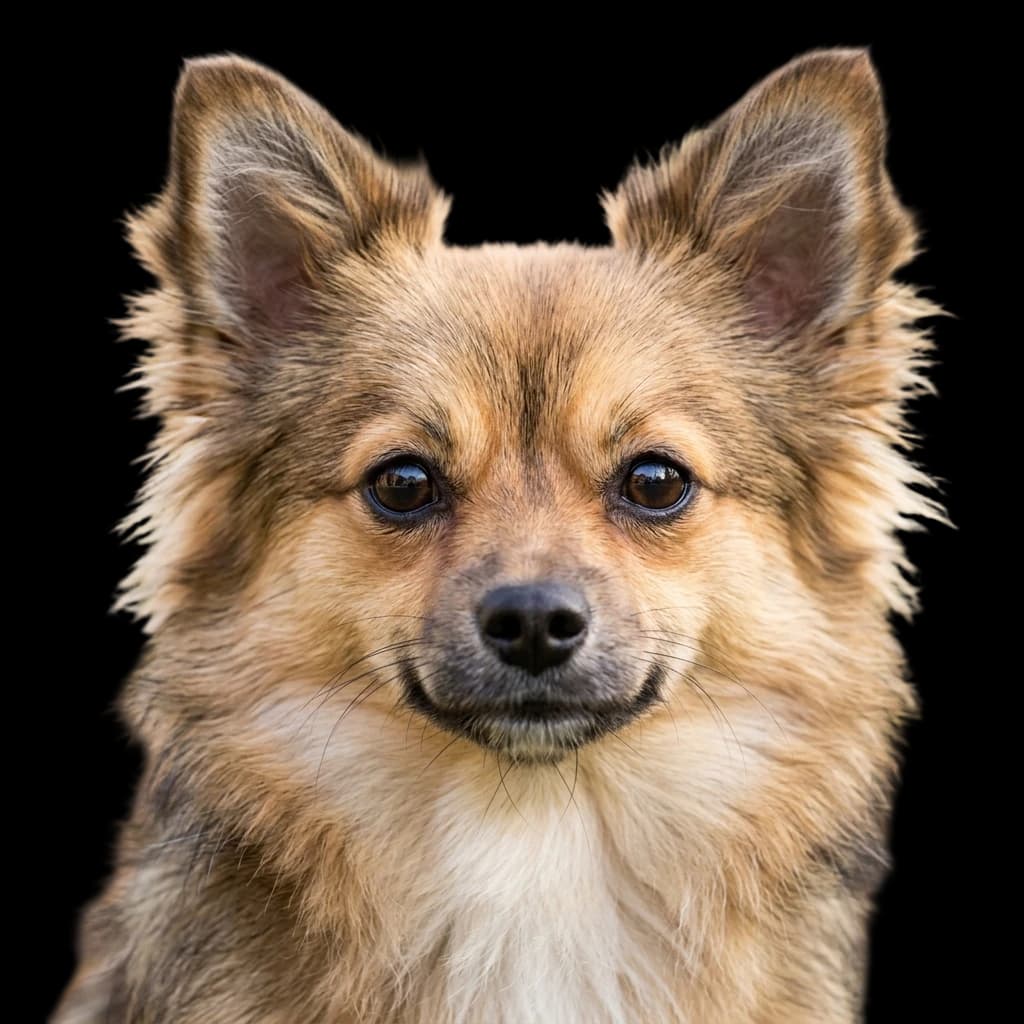 A headshot photo of a Pomchi mixed dog, a cross between a Pomeranian and a Chihuahua.