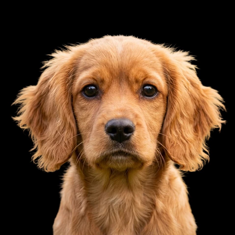 A headshot photo of a Cavador (a cross of a Cavalier King Charles Spaniel with a Labrador Retriever)